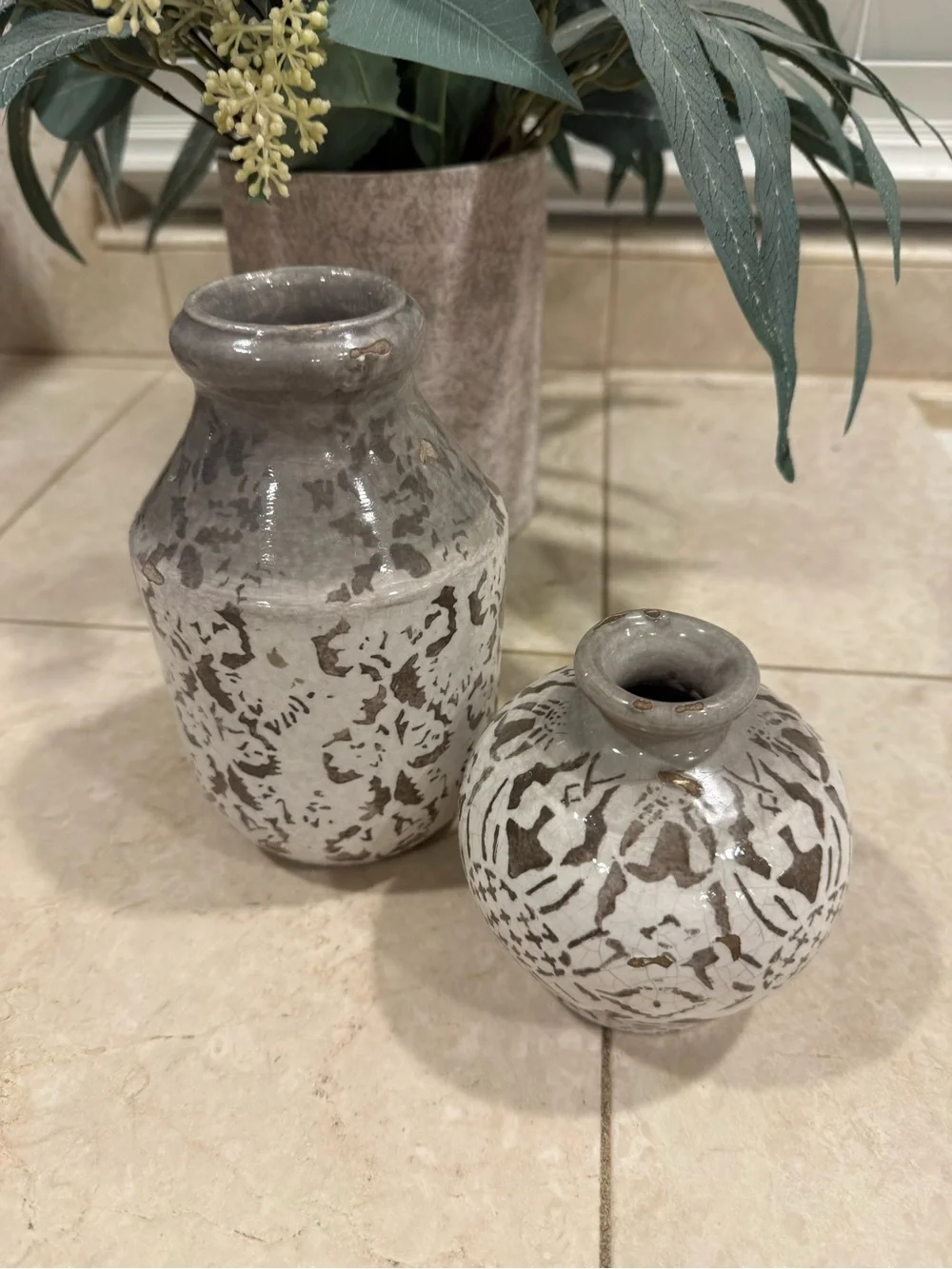 Pottery Barn Gray & White Patterned Ceramic Vase Duo